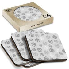 Image of 4 x Boxed Square Coasters - BW - Cute Dog Paw Prints Animal #35878