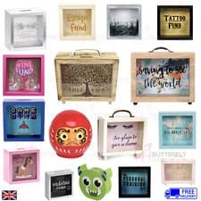 Image of Wooden Money Box Frame Glass Coins Notes Savings Piggy Bank Ceramic Travel Fund