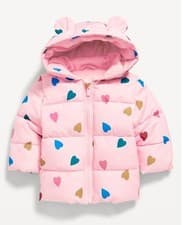 Image of Old Navy Girls Pink Hooded Critter Puffer Jacket Toddler Baby 12 18 Mo Hearts