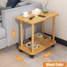 Image of 2 Tier Side Table Sofa Small Coffee End Table Storage Shelf on Wheel Living Room
