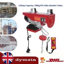 Image of 250kg Electric Hoist with Wireless Remote 12m Steel Wire & 2 Slings UK 550W Red