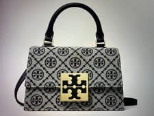 Image of TORY BURCH BON BON T MONOGRAM MINI TOP-HANDLE BAG NAVY WITH STRAP - NEW