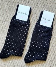 Image of 2 Pairs : Genuine PAUL SMITH Black / White Dots 80% Cotton Mens Solid SOCKS