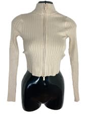 Image of Bershka Cardigan Women's UK Size XS Cream Ribbed Zip Up High Neck Stretch