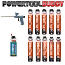 Image of Soudal PU B1 Fire & Acoustic Expanding Foam Kit 10 x 750ML, Gun & Cleaner 500ML