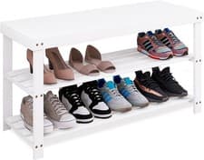 Image of SMIBUY 3-Tier Bamboo Shoe Rack Bench White Entryway Hallway Shoe Organizer Shelf