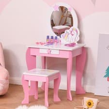 Image of Kids Dressing Table, Girls Vanity Set w/ Mirror and Stool, Unicorn-Designed