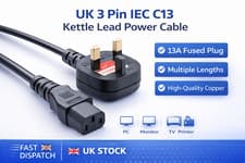 Image of UK 3 Pin IEC C13 Kettle Lead Power Cable 13A for PC Monitor TV Printer 0.5m–10m
