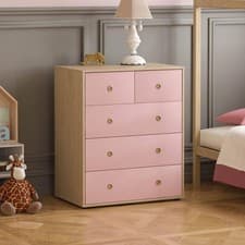 Image of 5 Drawer Chest Modern Bedroom Storage Cabinet Kids Furniture Pink Oak