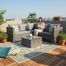Image of Outdoor L-Shape Rattan Sofa Glass Coffee Table 5-Seat Garden Furniture Set Grey