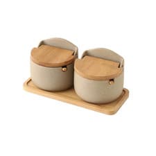 Image of Ceramic Spice Jar Set Bamboo Lid Spoon Kitchen Storage Container Kit