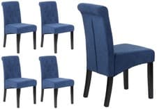 Image of 4 x Velvet Dining Chairs Button detail Scroll top Beige Grey Blue Back wood legs