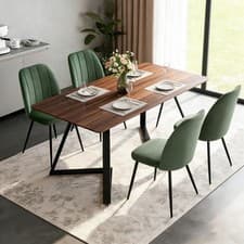 Image of Brown Wooden Dining Table and 4PCS Velvet Chairs Set for Kitchen Home Furniture
