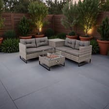 Image of Palma Grey Rattan Garden Corner Sofa Set 4 Seat with Storage and Fire Pit Table