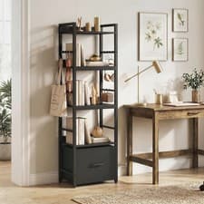 Image of 4-Tier Bookshelf, Narrow Bookcase with Drawer, 8 Hooks