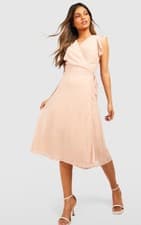 Image of BOOHOO Chiffon Ruffle Skater Wrap Dress Size 10 Nude / Blush Bridesmaid Party