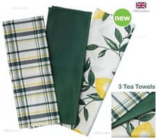 Image of 3 Quality Tea Towels 100% Cotton Kitchen Lemon Green Leaves Stripe 45 x 65cm -UK