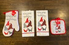 Image of 5pc Gnome Christmas House Kitchen Set. 1-Oven Mitt, 2-Pot Holders, 2-Towels