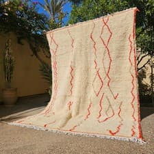 Image of Shaggy Moroccan Rug 6x8 ft, BeniOurain Style, Cream & Red Tribal Boho Carpet