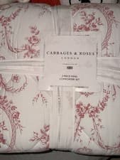 Image of Cabbages and Roses KING Floral Toile Berry Red Comforter Shams 100% Cotton NEW