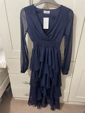 Image of BNWT Quiz navy Blue Long Sleeve Tiered Midi Dress size 8