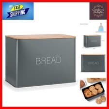 Image of Stylish Large Grey Bread Bin with Wood Lid - 33x18x23.5 cm