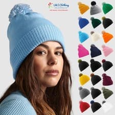 Image of Beechfield 2 Tone Snowstar Beanie Hat Winter Bobble Contrast Unisex Pom Pom Cap