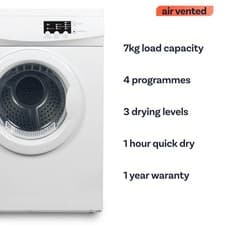 Image of electriQ 7kg Vented Tumble Dryer White Anti-Crease Quick Dry Vent hose included