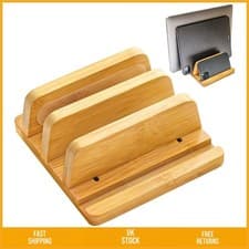 Image of Eco-Friendly Adjustable Bamboo Double Vertical Laptop Stand Holder Dual Slot