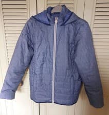 Image of Lightweight Short Blue Ladies Jaket with Hood Side Pockets and Zip Fastening New