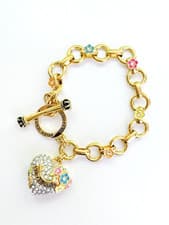 Image of Y2K Juicy Couture "Blooming Hearts" Pave Heart &Enamel Flowers Bracelet in Multi