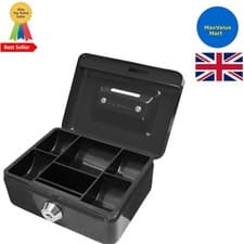 Image of Durable Black Key Lock Cash Box with 6 Compartment Tray - 4 Inch Portable Design