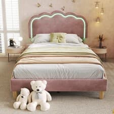 Image of 3ft Single Pink Velvet Upholstered Bed Frame w/ Wooden Slats No Box Spring Need