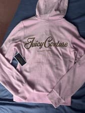 Image of Juicy Couture vintage baby pink long sleeve zip up hoodie with gold logo print