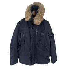 Image of Parajumpers Kodiak Navy Blue Hooded Down Jacket With Fur Trim