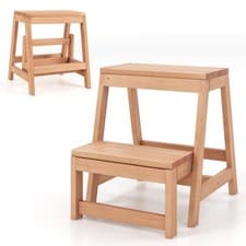 Image of COSTWAY 2-Tier Folding Step Stool Multipurpose 2-Step Ladder Stool-Natural