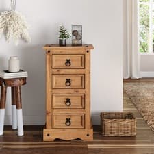 Image of Corona Bedside Table Chest Cabinet 4 Drawer Narrow Solid Wood Pine Wooden