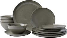 Image of 12pc Stoneware Dinnerware Set Plates Bowls Dark Olive Service for 4