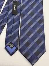 Image of New Hugo Boss 100% Silk Mens Tie Necktie Dark & Light Blue & Gray Striped Italy