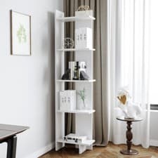 Image of Tall 5 Tier Rustic Bookcase Slim White Bookshelf Storage Unit Display Shelf Rack