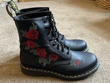 Image of Dr Martens 1460 Vonda Black Leather Floral Red Rose Embroidered Boots Uk 8