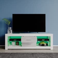 Image of Modern 2 Drawers TV Unit Stand Cabinet with Glass Shelves RGB LED Lights 120cm