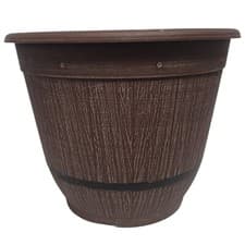 Image of Rustic Cask Planter Bell with Band 35cm Driftwood Effect Plastic Barrel Pot
