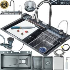 Image of LED Stainless Steel Luxur Kitchen Sink Set Single Large Bowl Pull Out Mixer Taps