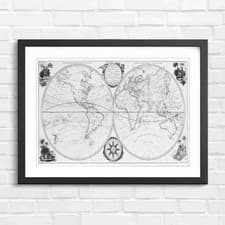 Image of Antique Vintage World Map Hemispheres Black & White Framed Wall Art Print Large