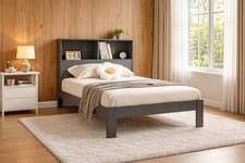 Image of Easton Single Bed Frame Solid Wood with Storage Shelf Headboard - White or Grey