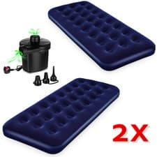 Image of 2x Single Inflatable Flocked Air Bed Camping Mattress Electric Pump