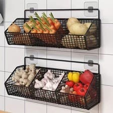 Image of Wall Mounted Wire Storage Basket Vegetable Fruit Rack Kitchen Organiser Shelf