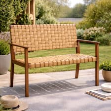Image of Wood Garden Bench 2 Seater Woven Seat Outdoor Patio Chair Rubberwood Frame