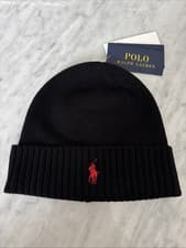 Image of BNWT Polo Ralph Lauren Black ,Red Pony  Washable Merino Wool Beanie Knitted Hat